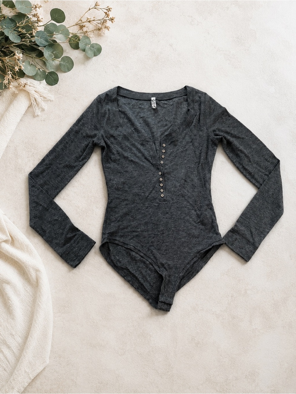 Free People Dylan Thermal Henley Bodysuit Heather Charcoal Gray Snap Long Sleeve